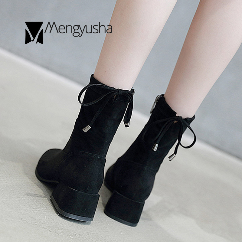 size women big Korean mid-calf round toe chunky heels riding boots casual side zip lace-up bow stretch ck soc booties effa