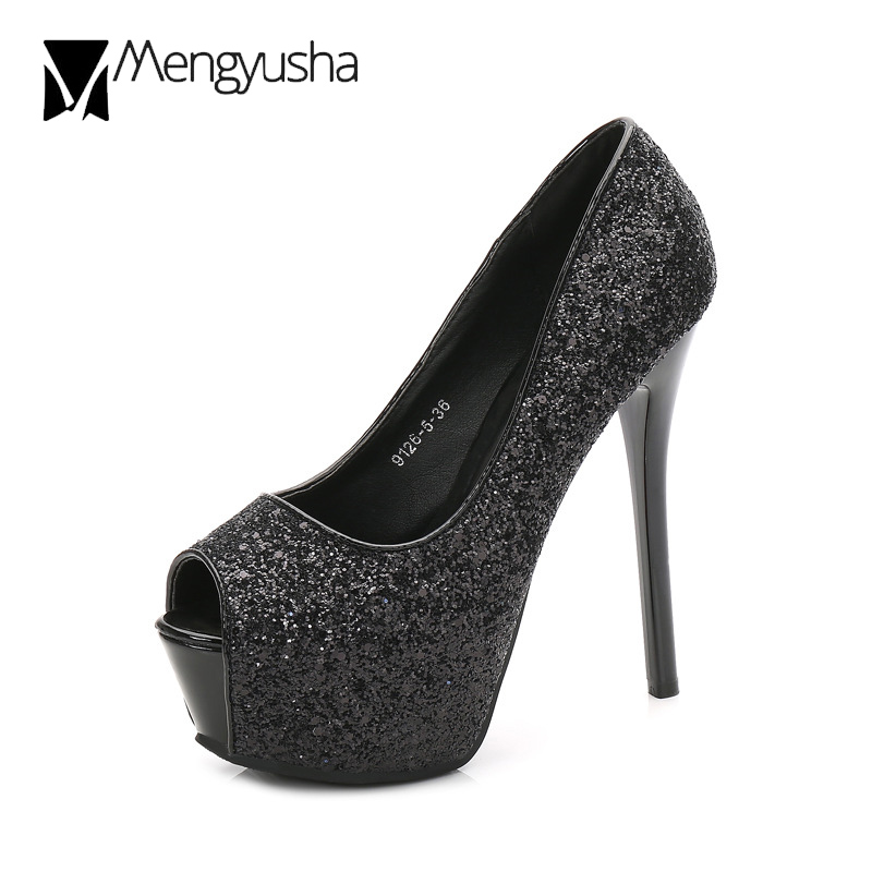heels a4f5d super high bg sexy peep toe nightclub New pumps 12/14cm black/sier glitter platform wedding shoes c623