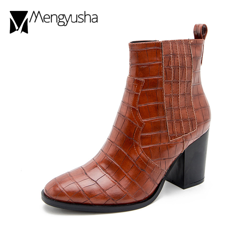 Pattern Leather Crocodile Boots for Women High Heels Ankle Booties Femme Retro Ladies Brown Riding Botas Solid Snow Winter Shoes e87e