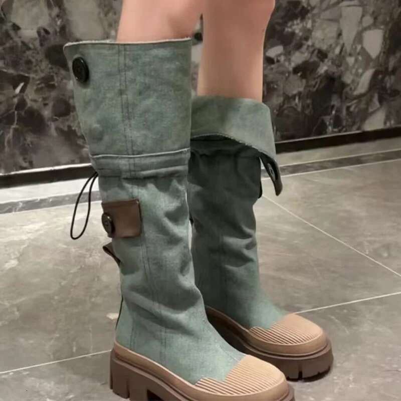 Women Platform Denim Knee High Winter 2023 Designer New Flats Goth Motorcycle Boots Casual Shoes Snow Botas