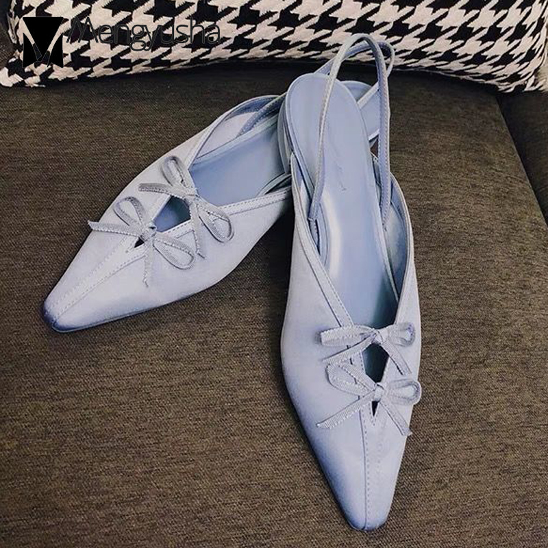 2025 new Bowtie Double Silk Sgback Sandals Women Slides Elegant V-Open Shoes Summer Elatic Back Strap Low Heels Mules Ladies Flipps