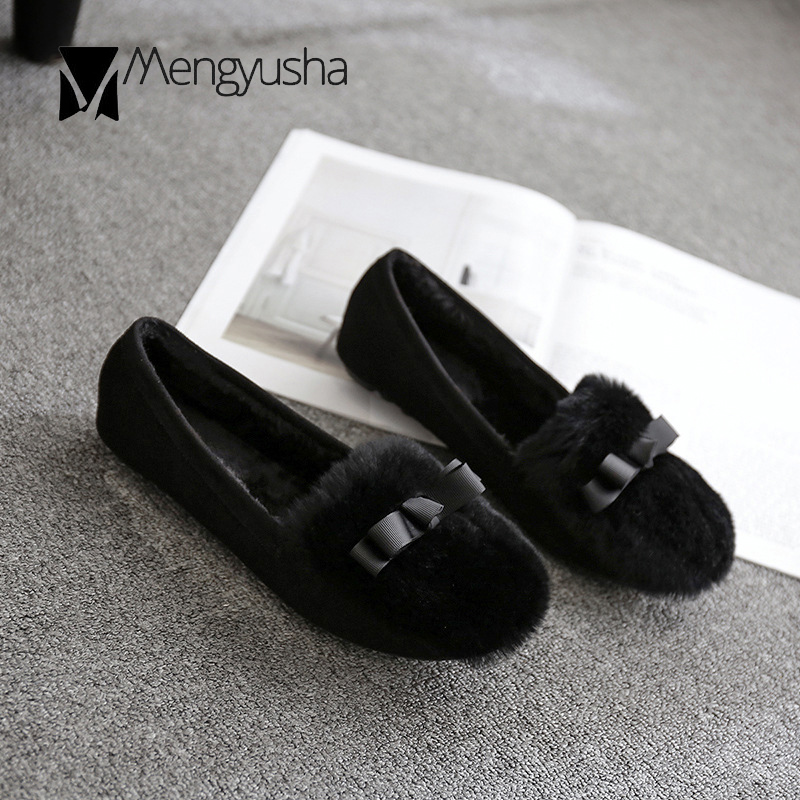 shoes fur Bow-knot cotton c17c3 women solid winter slip on moccasins celebrities round toe warm loafers hairy fleeces flats woman 2023