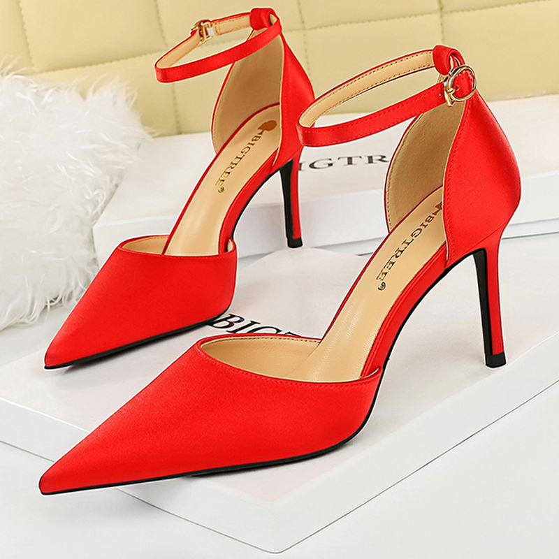 BIGTREE Shoes Summer Woman Pumps Satin Kitten Heels Fashion Wedding Shoes Stiletto Buckle High Heels Women Sandals Plus Size 43