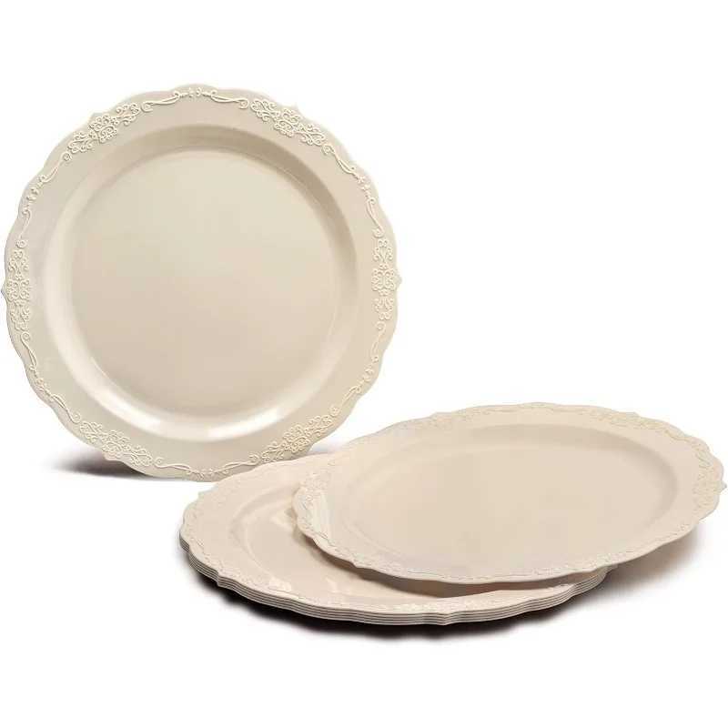 150 Pieces set(25 Guests)-Vintage Wedding Plastic Plates cutlery -Disposable Dinnerware 10 7.5 + Silverware w/double fork Y240902