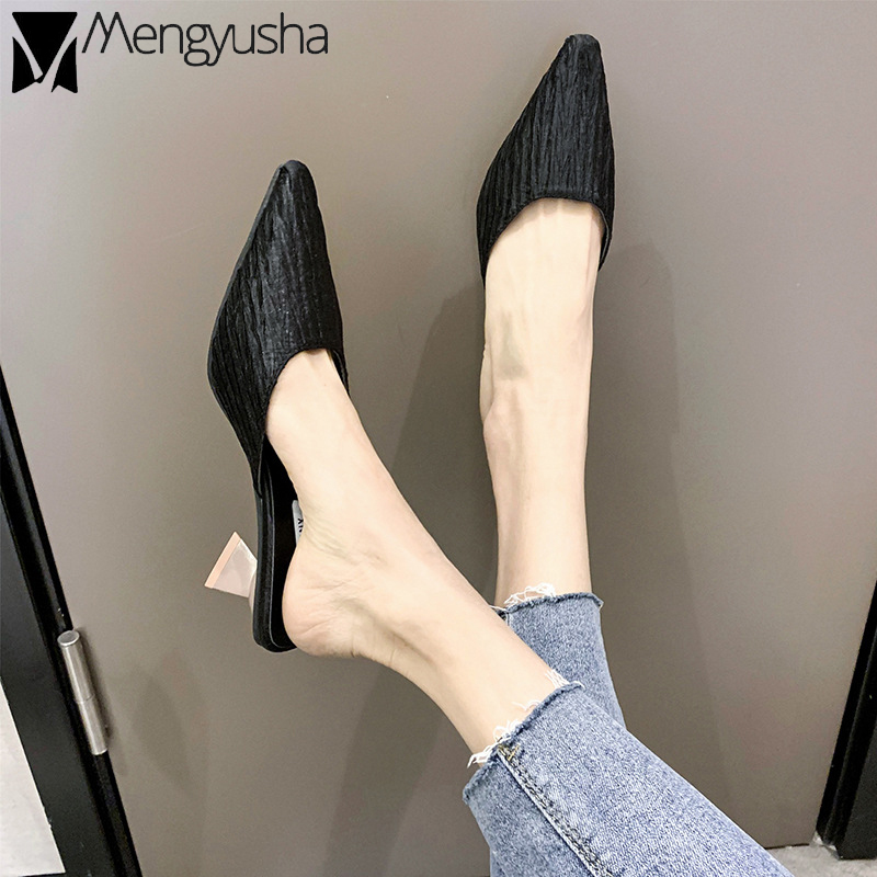 Pleated 2020 Summer mules shoes woman pure elegant dress pumps korean strange high heels slippers women closed toe sandals satin