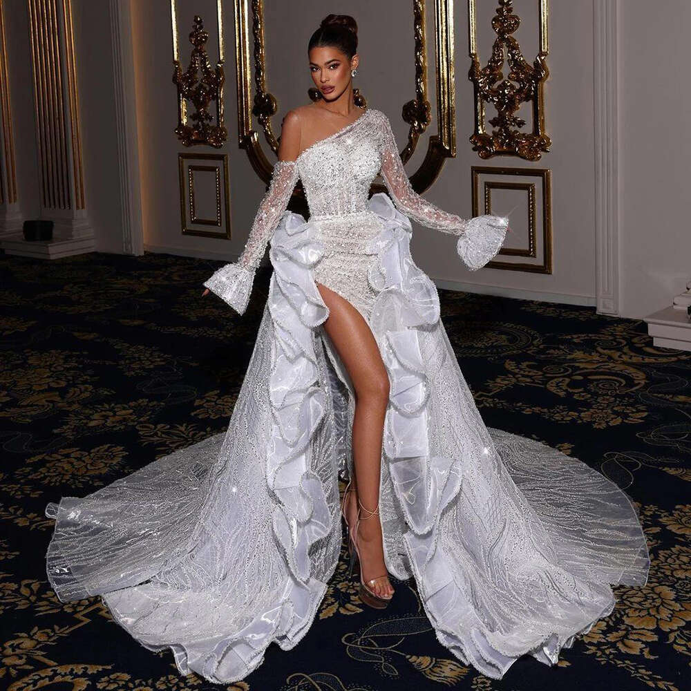 Mermaid Evening Dress Off Shoulder Sequins Detachable Train Side Split Custom Made Robes Gown