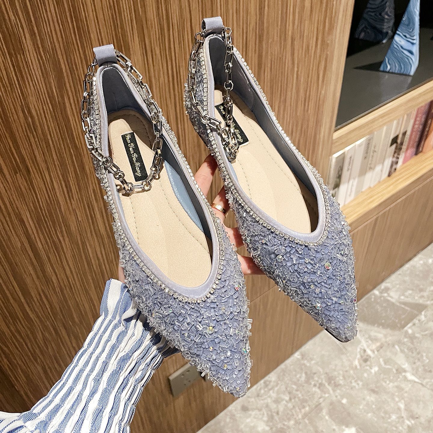 studded 8a8a1 crystal bg flats woman brand designer metal chains ankle strap mary janes female glitter weeding shoes 4579