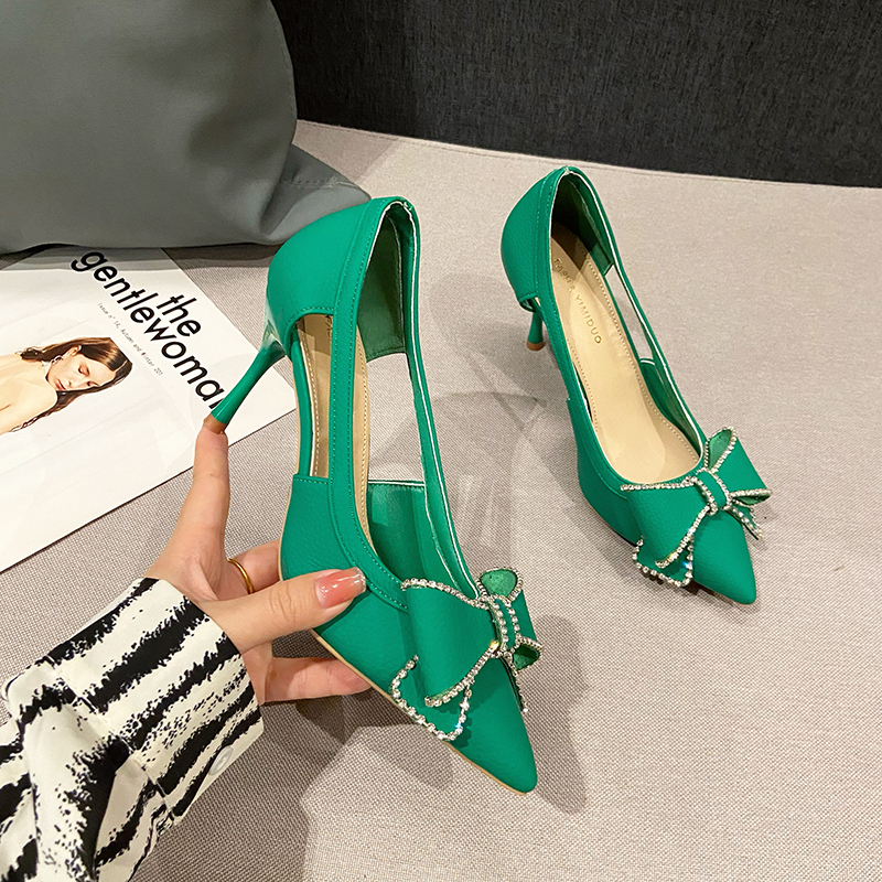 Women's New Pumps Bow Leather Pointed Toe High Women Satin Thin Heels Fashion Sexy Sandals Ladies Dress Shoes 470e