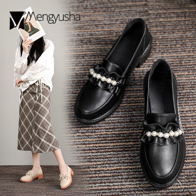 ruffles 7b198 Chic Matte&patent leather beads oxfords women loafers round toe thick heels brogue shoes woman shallow pearl flats