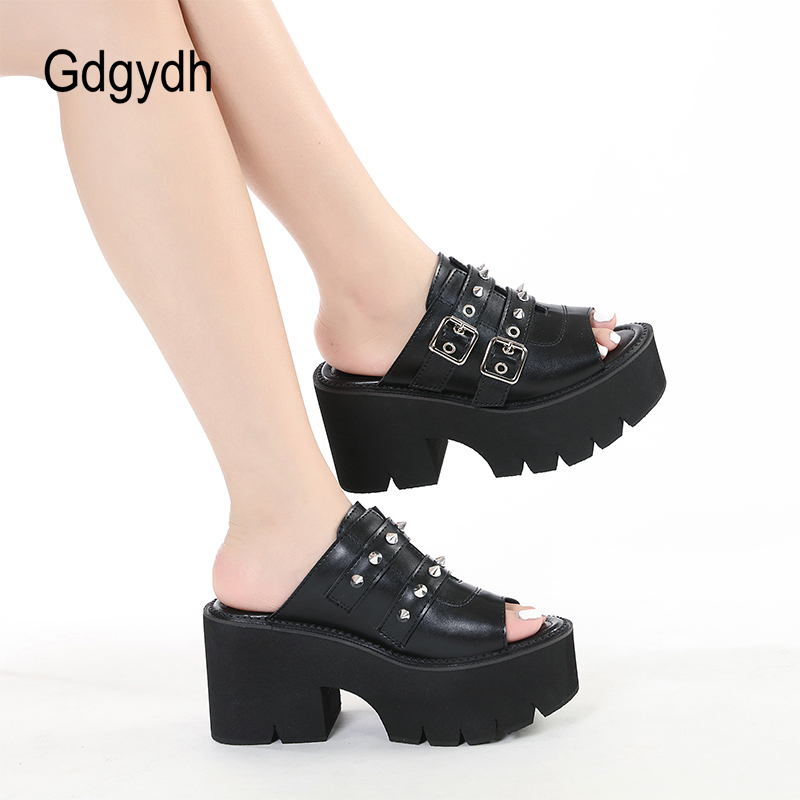 High Chunky Heels Sandals for Women Open Toe Heels Cute Slip-on Mule Shoes Slingbacks Belt Buckle Black Leather Plus Size