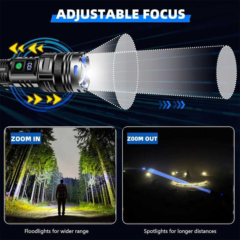 99000LM ultra bright rechargeable LED flashlight with strong light portable pen holder torch light used for outdoor camping and hiking W240902