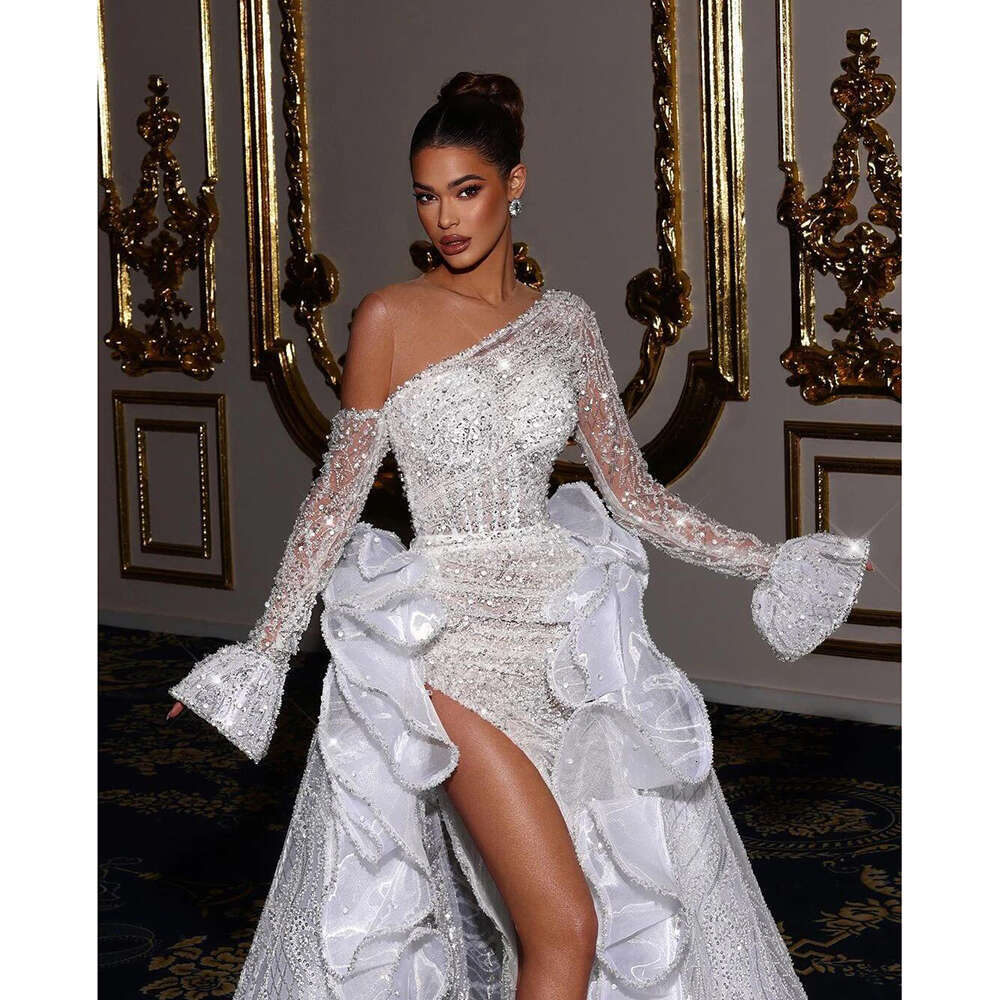 Mermaid Evening Dress Off Shoulder Sequins Detachable Train Side Split Custom Made Robes Gown
