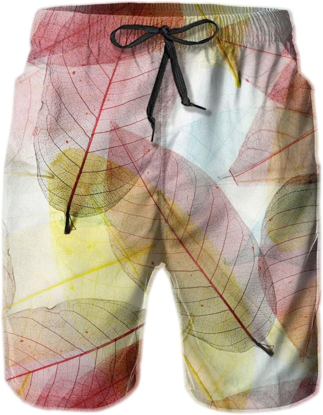 Mens Shorts 3D Printed Pattern Transparent Leaves Swim Trunks Quick Dry Stylish Beach Board Swimwear