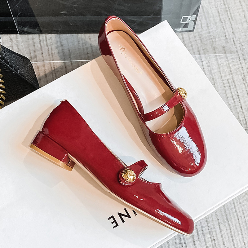Heels 2.5cm 89cfa Low Woman Mary Janes Belt Strap Ladies Round Toe Pumps Shiny Leather Lolita Tacones Femmes Cherry Red Shoes 5567 2839