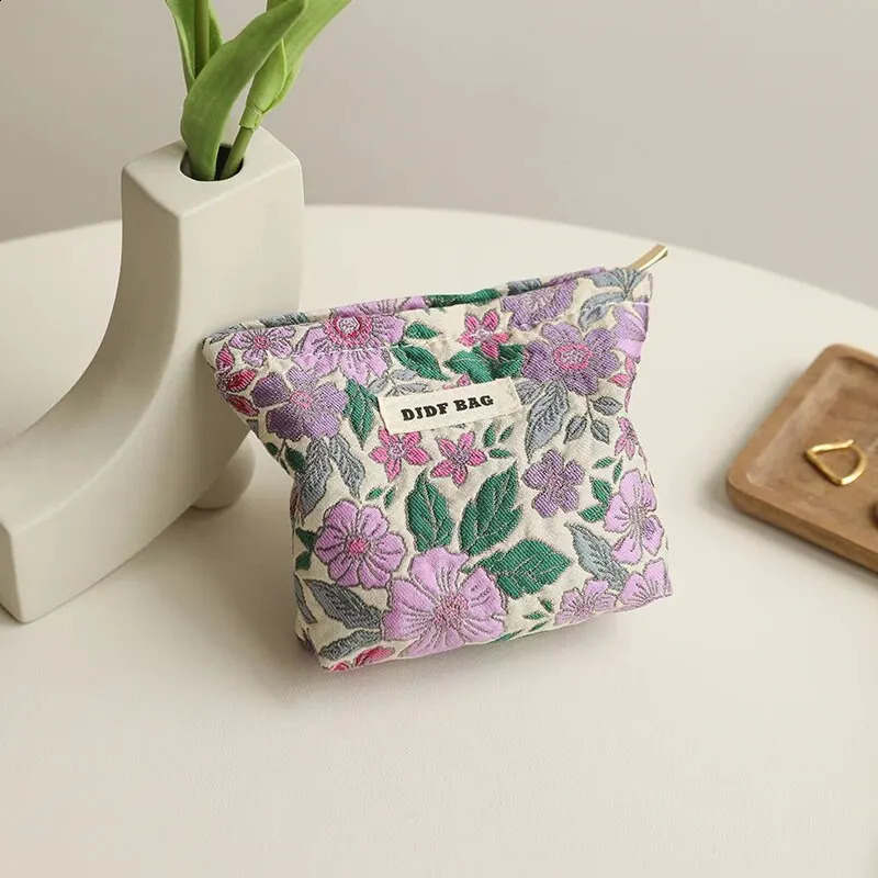 Womens Makeup Bag Small Vintage Purple Flower Large Capacity Cosmetic Lipstick Storage Bag Portable Coin Purse Clutch 240830