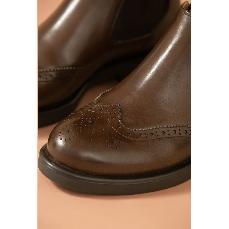 Boots BeauToday Women Cow Leather Brogue Fretwork Round New Toe Elastic Slip On Ladies Flat Heel Shoes Handmade 03709 3d10