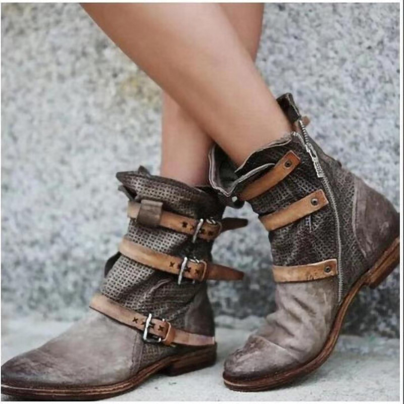 2025 NEW Vintage Women's Gladiator Boots with Chunky Low Heels and Round Toes - Durable PU Leather Design boots