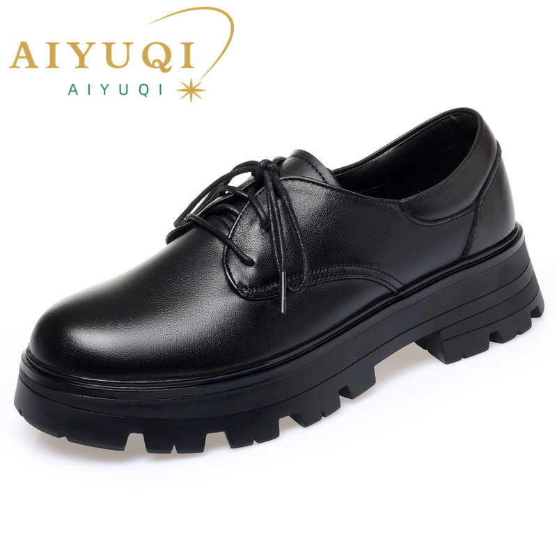 Women's AIYUQI Large Quality Size 41 42 43 Autumn New 2024 Genuine Leather Lace Loafers New Thick Bottom Female Oxford Shoes Dce3