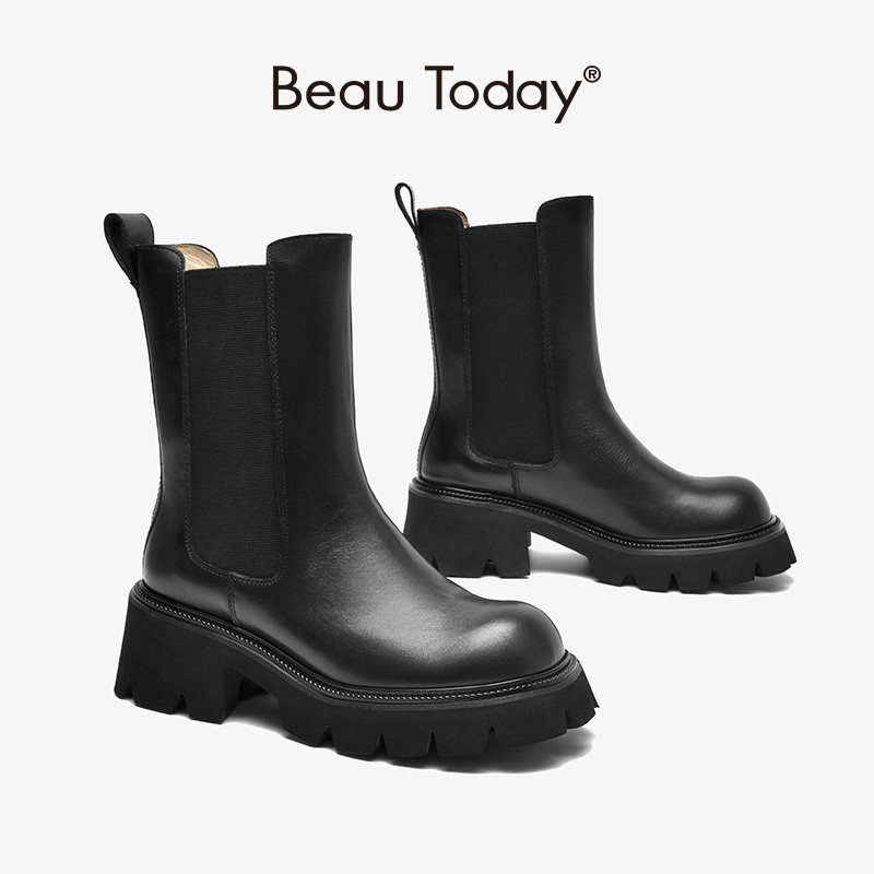Ankle BeauToday Boots Platform Women Calfskin Leather Round Toe Elastic Band Thick Sole Ladies Shoes Handmade 02396 c278