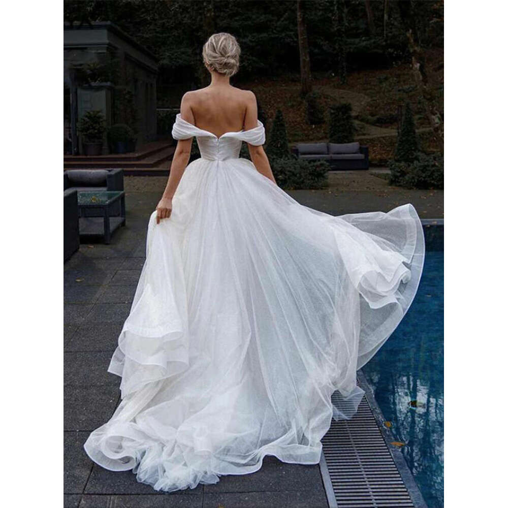 Elegant Sweetheart Straps Wedding Dresses Off Shoulder Tulle Bridal Gowns Bride Beach Sweep Train For Women 0218