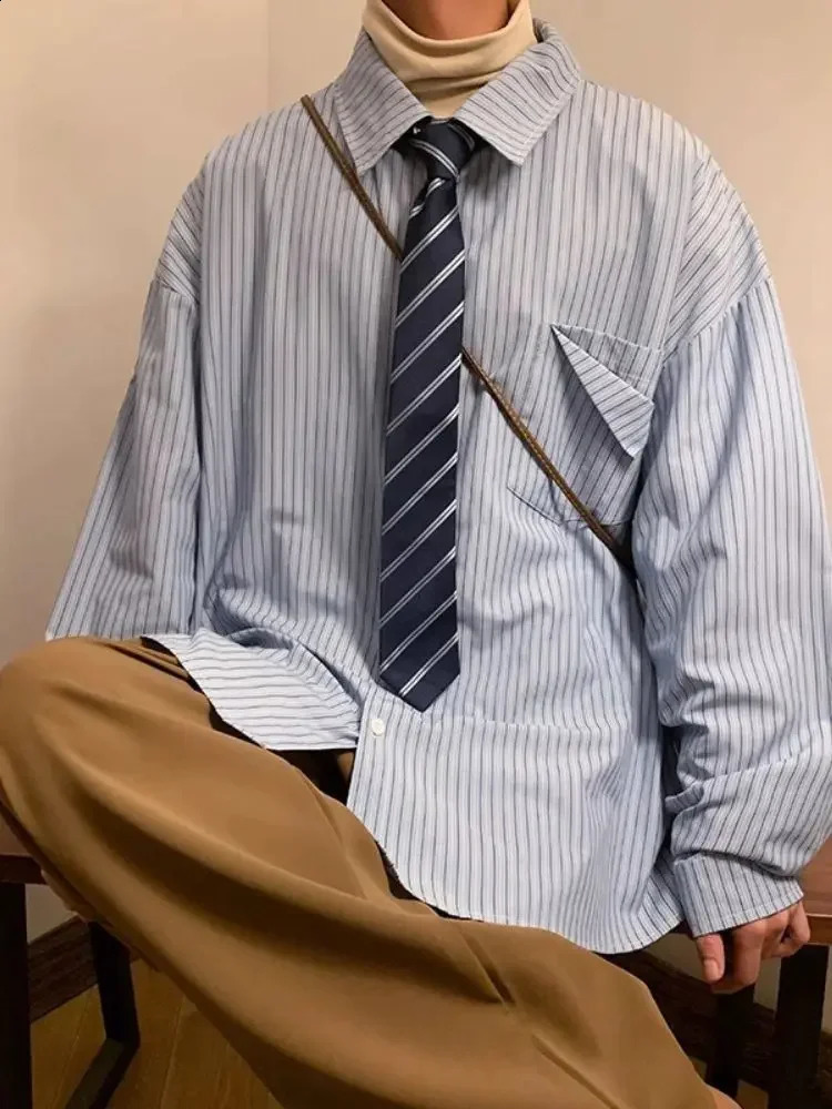 Vintage Khaki Striped Shirt Mens Jacket Autumn City Japanese Style Casual Wear Short Sleeve Loose Fit 240902