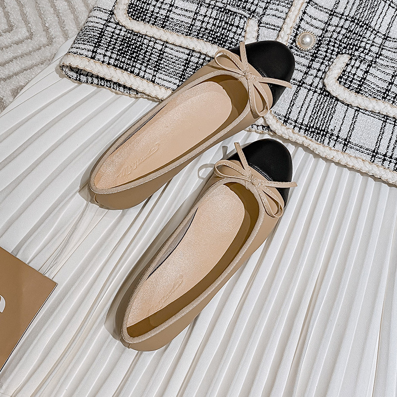 color black/beige 014f1 mixed genuine leather flats women elegant bowtie ballet round toe slip on dress shoes woman big size 43