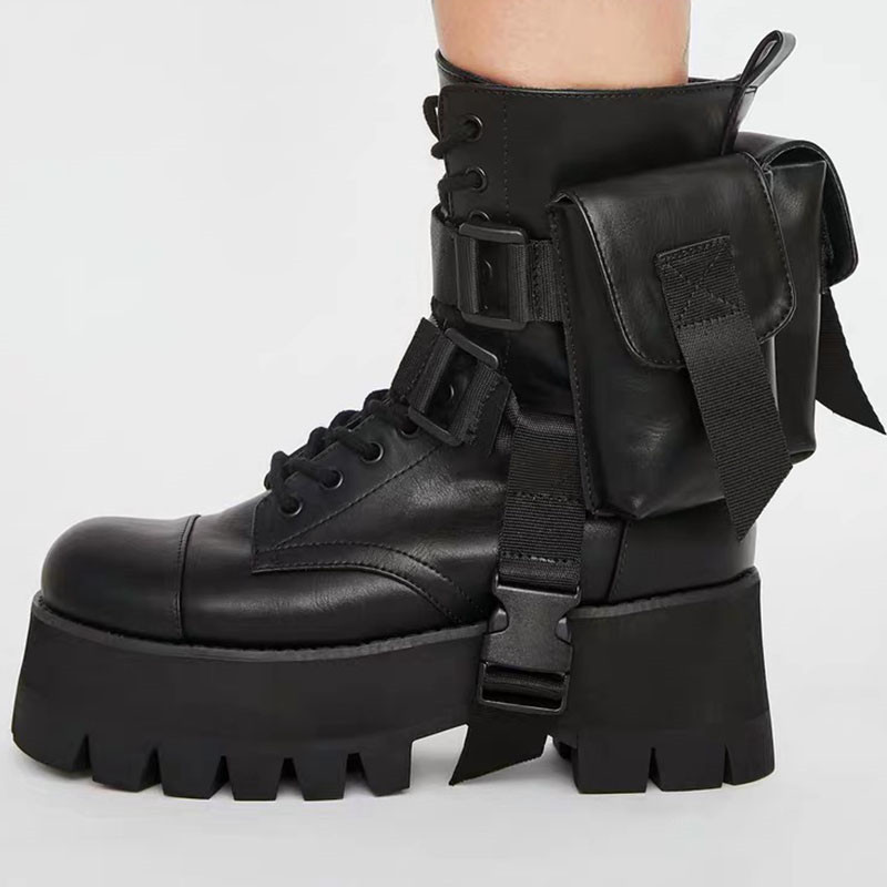 New Design 2020 Arrival Motorcycle Women's Handsome Lace Up Thick-soled Black Shoes Half Boots 1b45