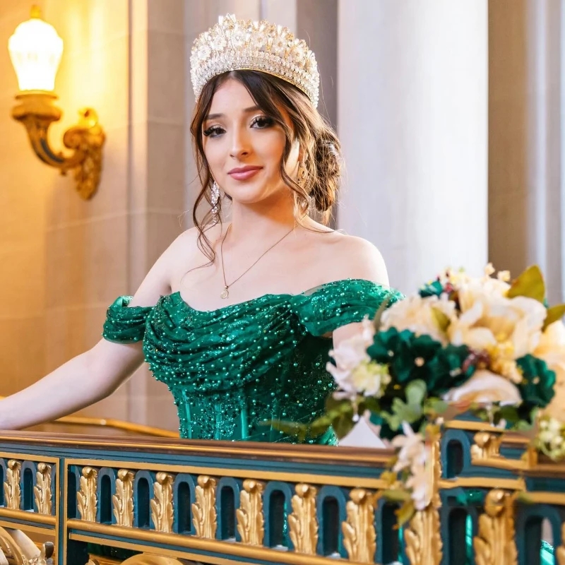 Emerald Green Quinceanera Dresses Ball Gown Off The Shoulder Sequins Appliques Lace Pearl Tull Corset Sweet 16 Dress Vestido De 15 Anos