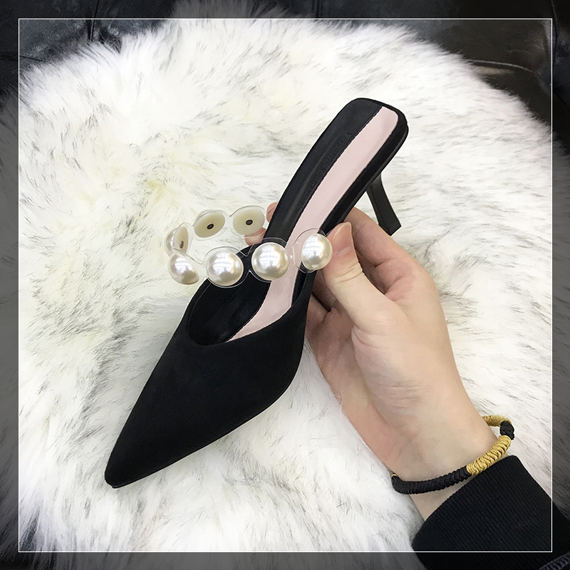 big pearl sgback high heels sandals women transparent band beading sandalias pointy ck thin heel mules female e722