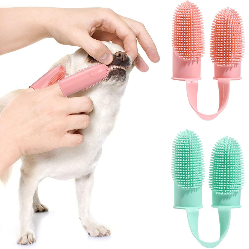 Pet Double Finger Toothbrush Solid Color Soft Dental Cleaning Finger Sleeve Dog Cat Oral Cleaning Care Tools Dog Accessories