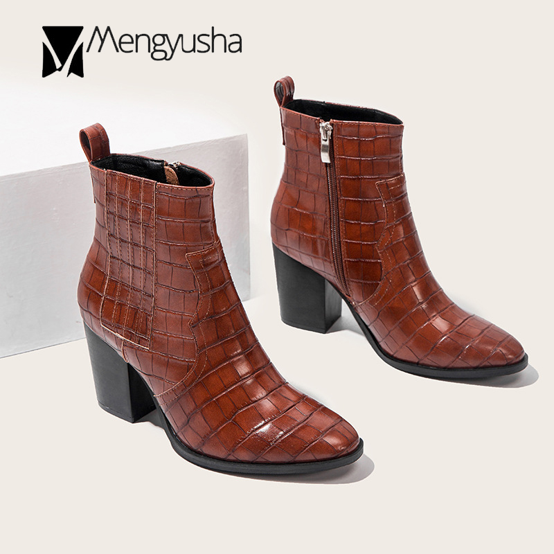 pattern Carving crocodile riding botas mujer zip pointed toe short booties chunky high heels fashion boots women plus size 36-43 4a6f - view 5