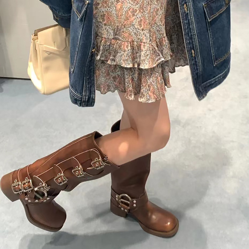 Autum Fashion Spring Women's metal belt buckle Leather Ladies on Ankle Mid Calf Boots Casual Non Slip Platform Shoes 216f N