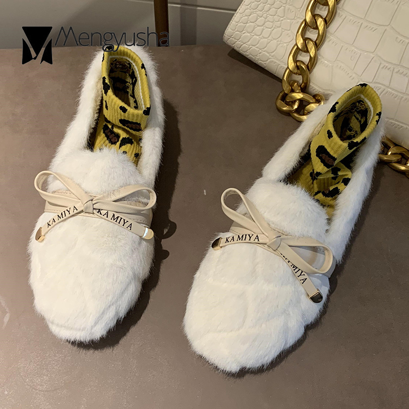 fur Plaid 46f36 flats Winter women pu butterfly-knot cotton shoes woman fairy fleeces loafers comfy plush fluffy moccasins female