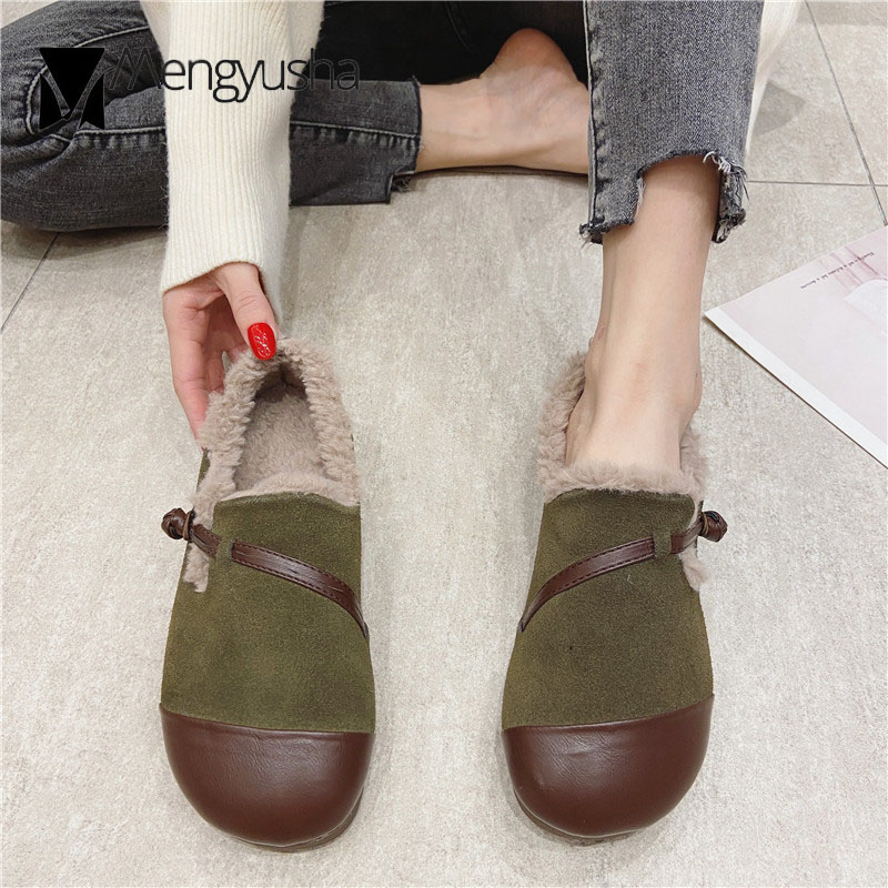 Plush Nubuck moccasins 18080 cowhide woman cord-knot real leather flats winter cotton shoes women slip on wool fur loafers plus size