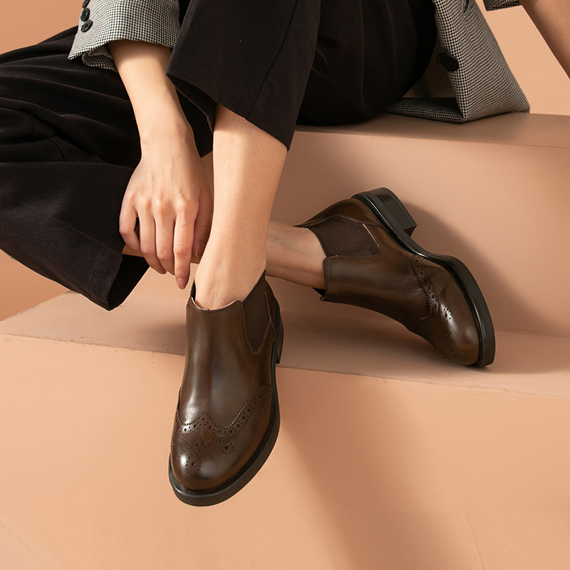 Boots BeauToday Women Cow Leather Brogue Fretwork Round New Toe Elastic Slip On Ladies Flat Heel Shoes Handmade 03709 3d10