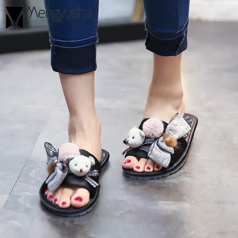 bear fashion riband fur women pink pom decoration home slippers flipps bowtied pearl shoes summer dh5367242