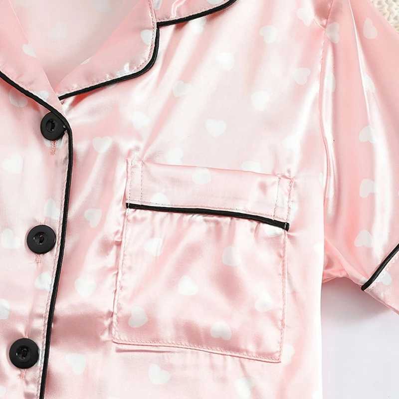 Girls simulated silk short sleeved family clothing set childrens button neck pajamas 8-12 year old childrens pajamas set W240802