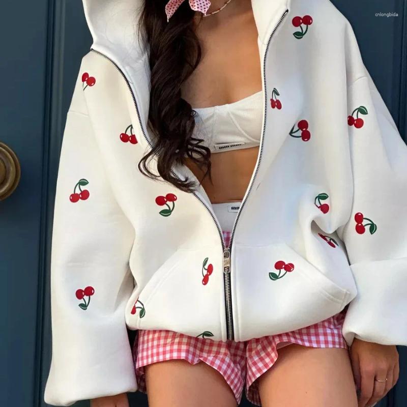 Women's Hoodies Cotton Warm Hooded Sweatshirt Autumn And Winter Fashionable Sweet Cherry Print Zipper Loose Casual Sports Hoodie