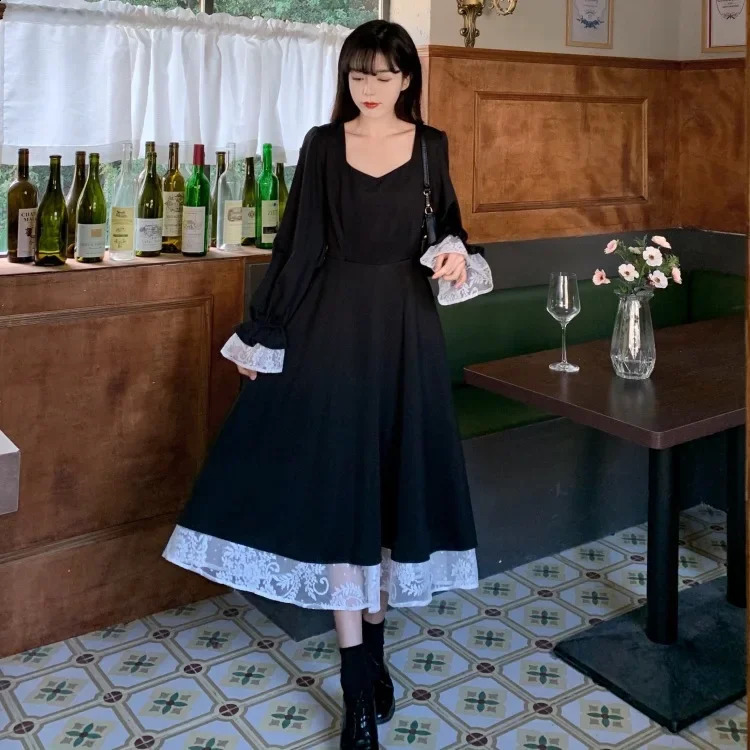 Strap waist loose long sleeved womens long skirt retro autumn Y2k black lace party vest De Mujer 240902 - view 5