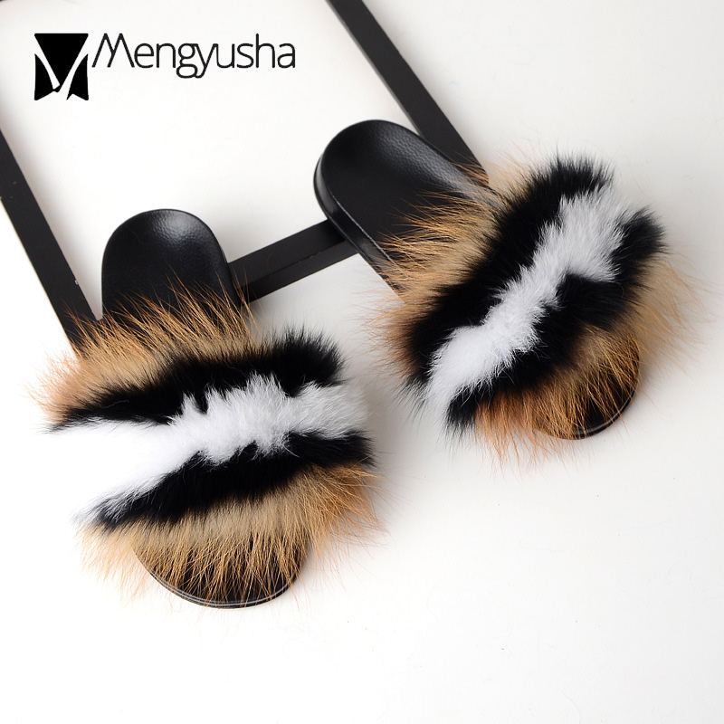 mixed color fox fur slippers women 100% real fur flip flops soft plush sandals women multi color natural fur house slides c510