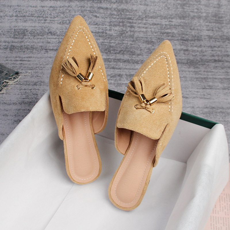 Toe Pointed Fringe slippers flat heel suede leather slides 36-43 plus size tassel sandals women semi-traig shoes 93f
