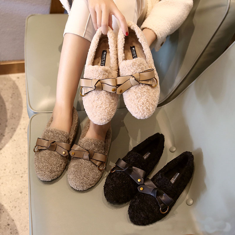 winter 2f6bf lambwool women all-match slip on bowtie moccasins 2023 new designer plush veet large size women's flats shoes 's