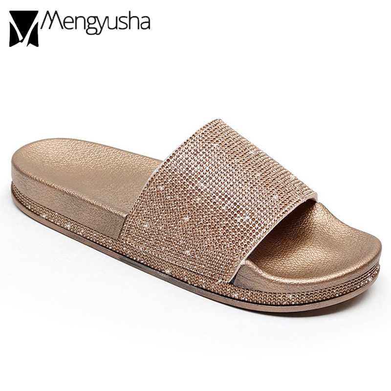 glitter rhinestone flip flops women open toe beach slides gold/silver crystal thick bottom muffins lady roman gladiator sandals