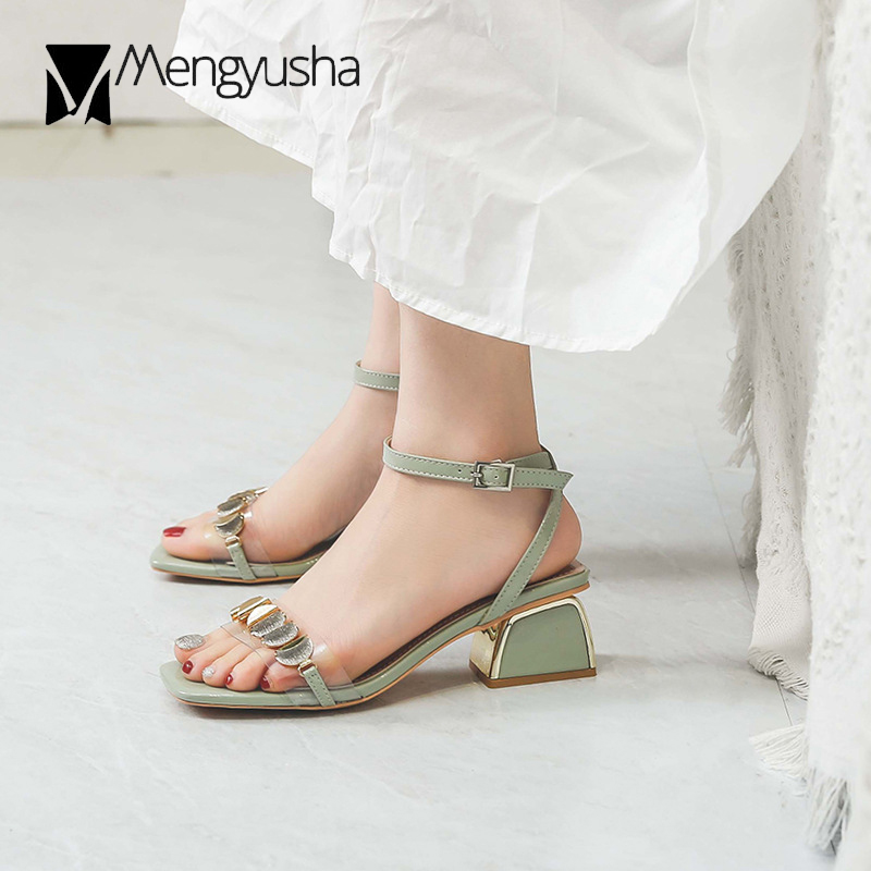 Metalic Glazed Sequins Sandals Women Back Strap Soft PVC Clear Sandalias Femmes Narrow Band Plated High Heels Shoes Ladies