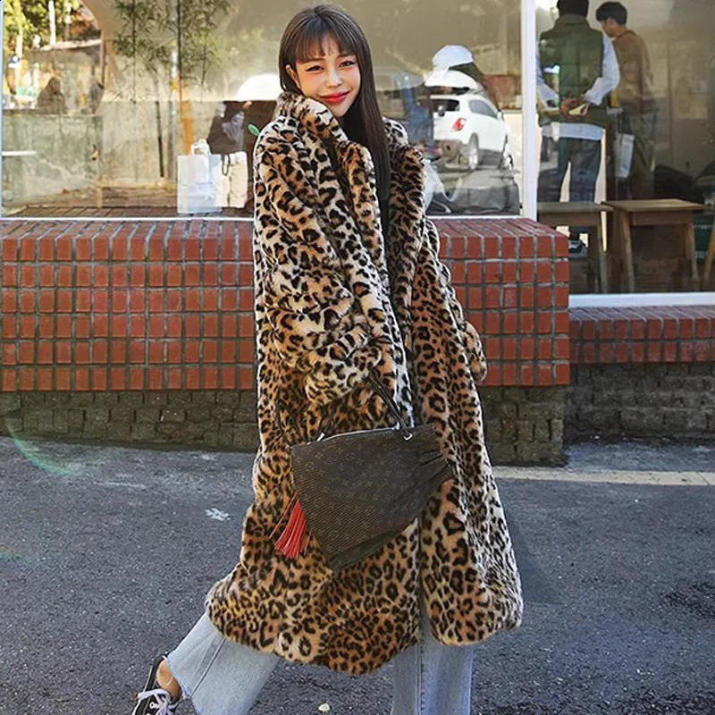 Winter Warm Turn Down Collar Leopard Print Faux Fur Long Coat Tops For Women Jackets Casaco Feminino 240830