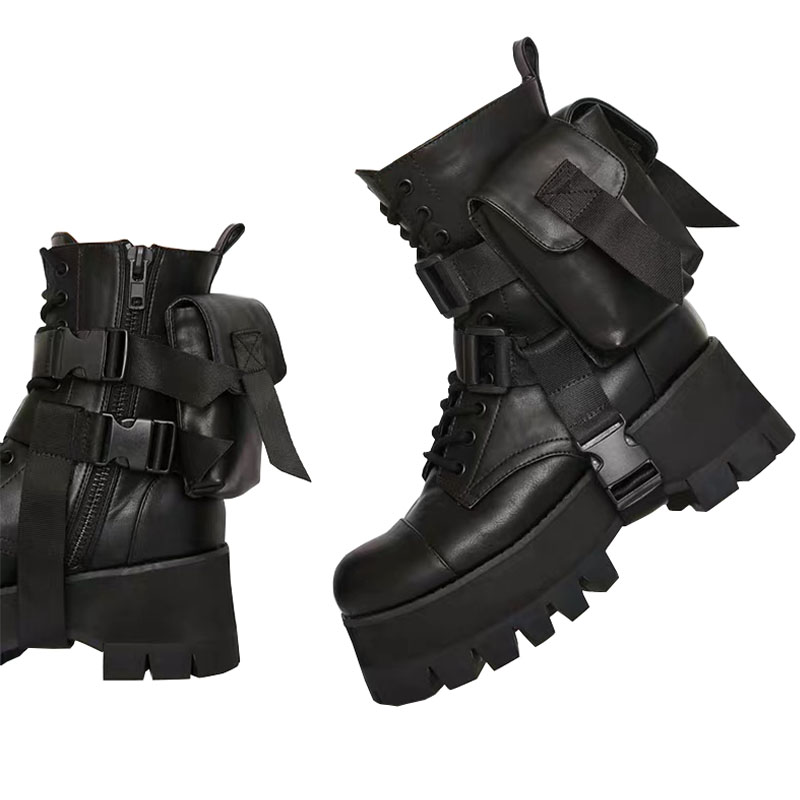 New Design 2020 Arrival Motorcycle Women's Handsome Lace Up Thick-soled Black Shoes Half Boots 1b45