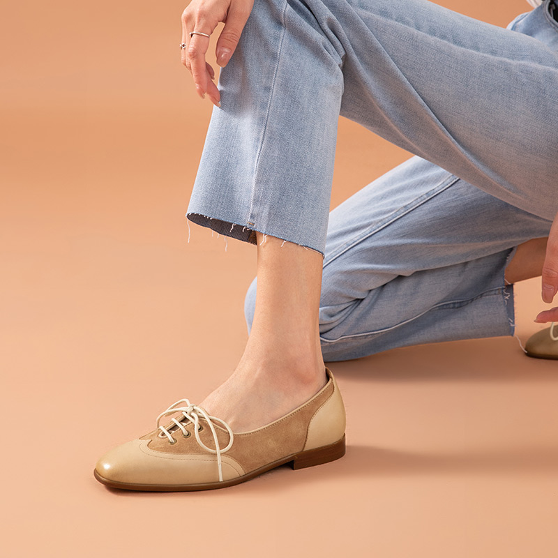 Calfskin & Suede Leather Square Toe Lace Up Flats Casual Shoes for Women 4