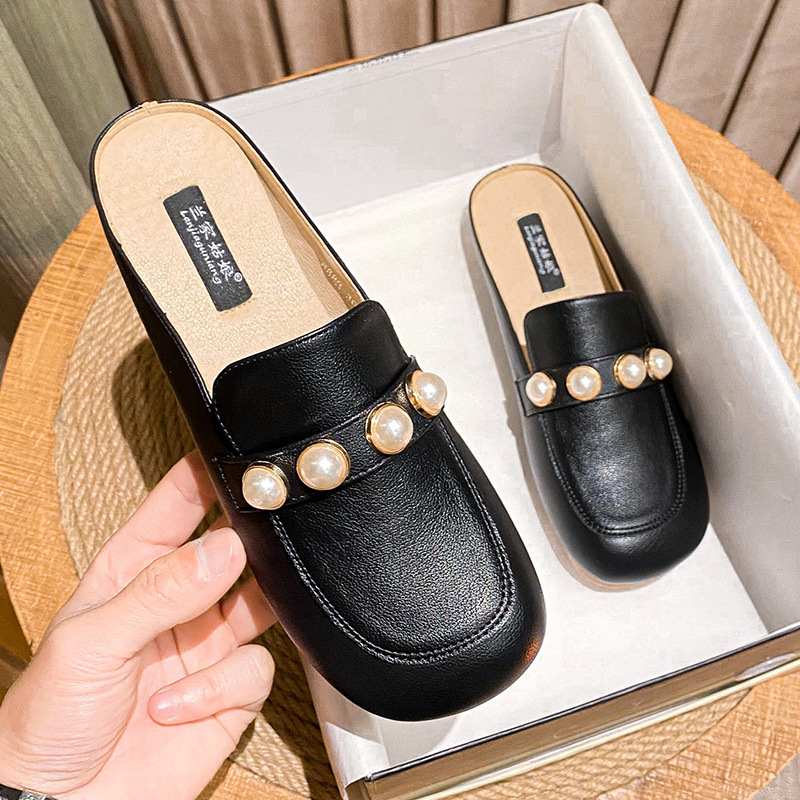 Mules Pearl Rivets Slippers for Women, Square Toe Leather Slides, Outdoor Footwear, Designer Beaded Big Size 43 4