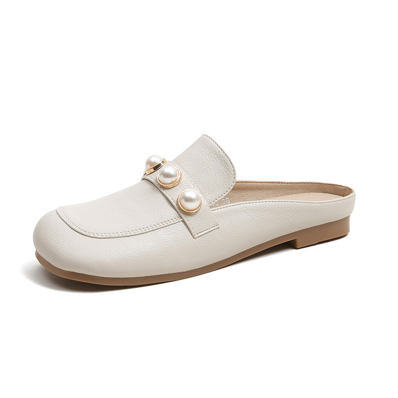Mules Pearl Rivets Slippers for Women, Square Toe Leather Slides, Outdoor Footwear, Designer Beaded Big Size 43 4