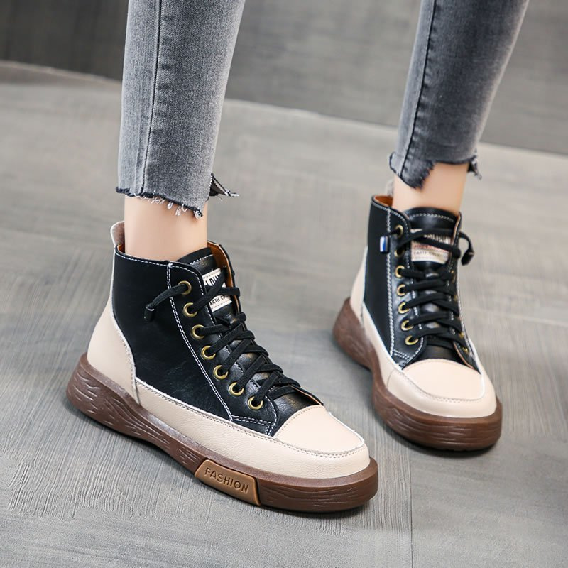 2025 new New Leather Boots for Women High Top Designer Shoes Flat Casual Sneakers Quality Platform Ankle Booties atos De Mujer af77 Platm